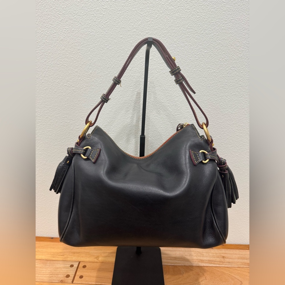 Dooney & Bourke Black Leather Hobo with Brown Trim and Red Accent - Picture 2 of 9